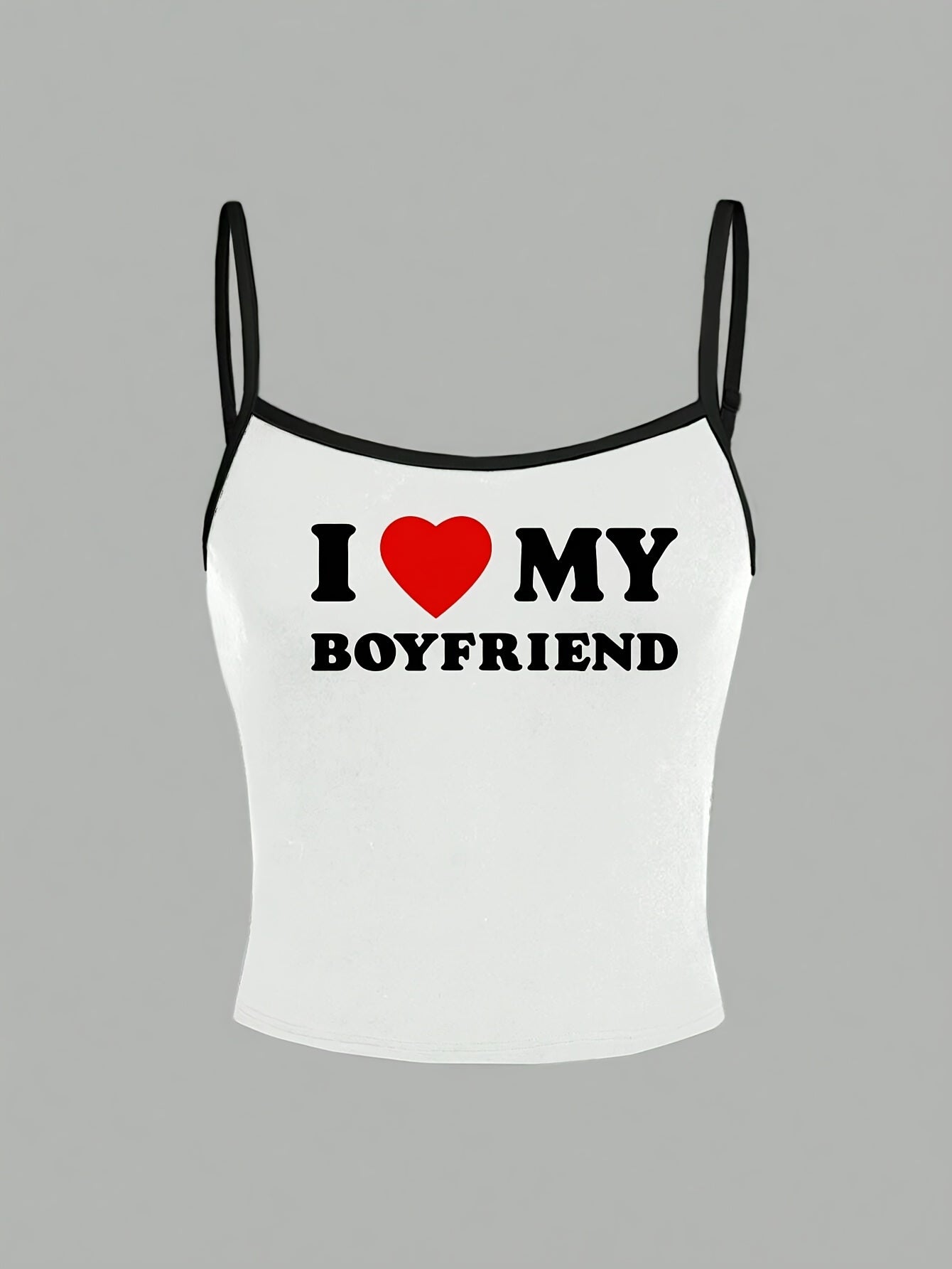 Y2K-Inspired "I Love My Boyfriend" Tank Top - White with Black Straps, Heart Graphic, Casual All-Season Top for Women, Casual Wear|Playful Graphic Top|Comfortable Strap Design, Y2K Tank Tops